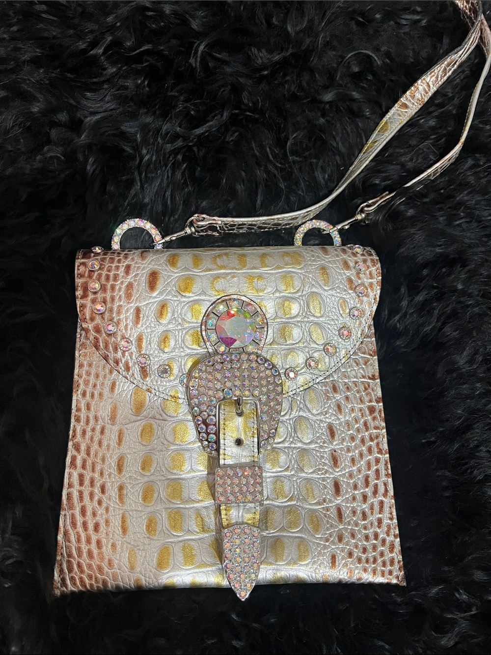 Raviani Iridescent Pearl Croc-Embossed Crossbody with Crystal Buckle